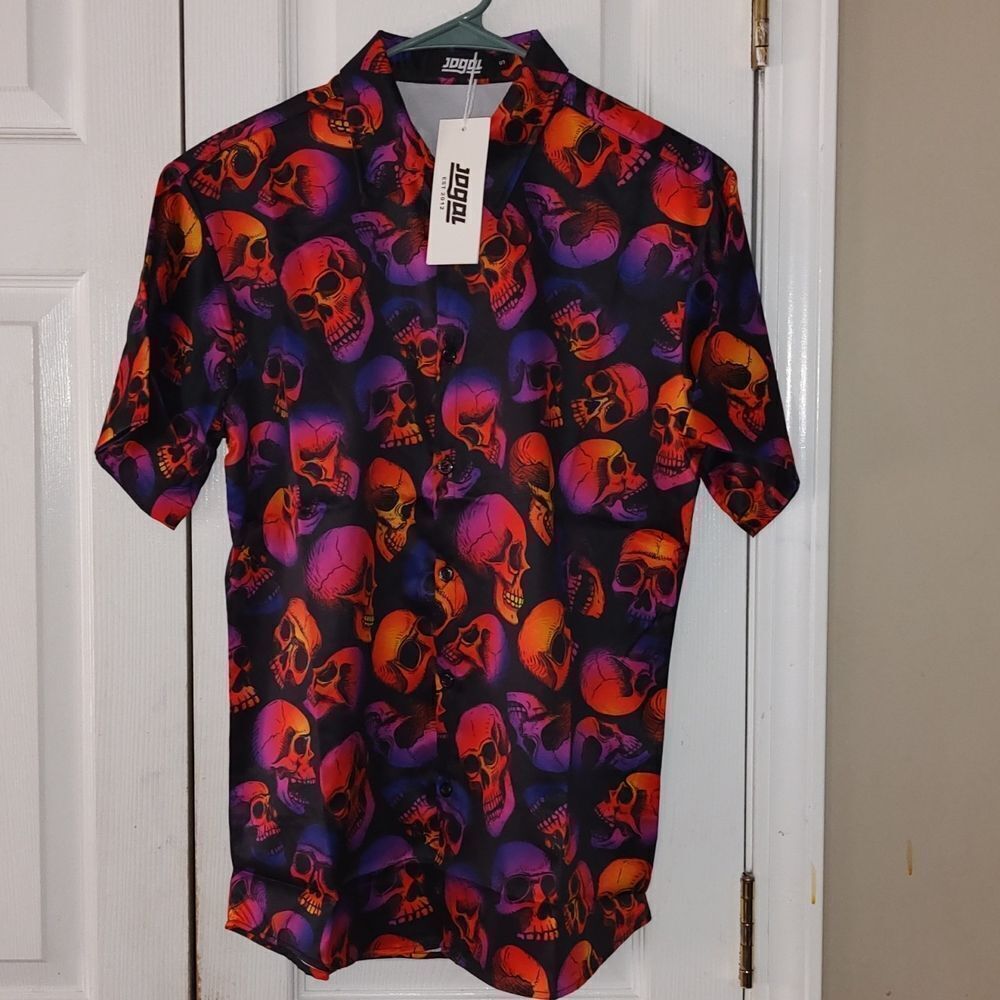 JOGAL Men's Halloween Shirt Pumpkins Skull Short Sleeve Button Down Shirt Sz S